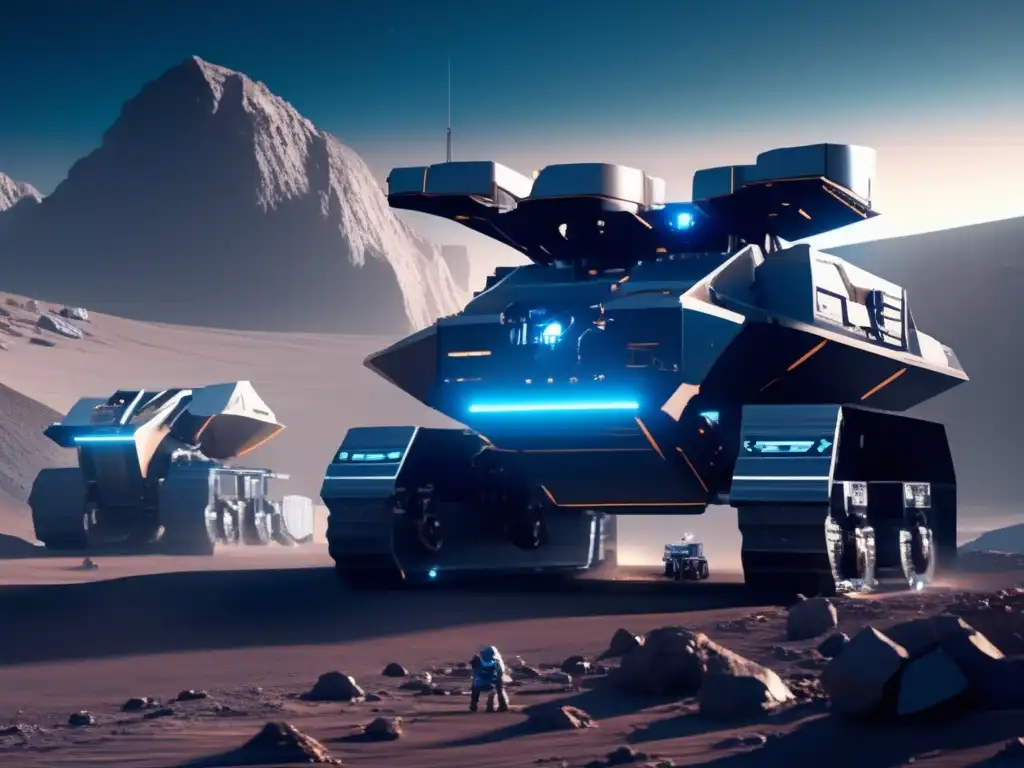 Tecnología Minera para asteroides: Futurista operación minera en un asteroide con avanzada tecnología, maquinaria y estructuras metálicas brillantes
