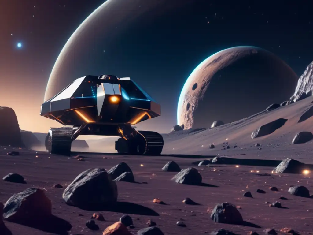 Tecnología minera para asteroides: Operación futurista de extracción de recursos en el espacio con un asteroide rico en minerales valiosos