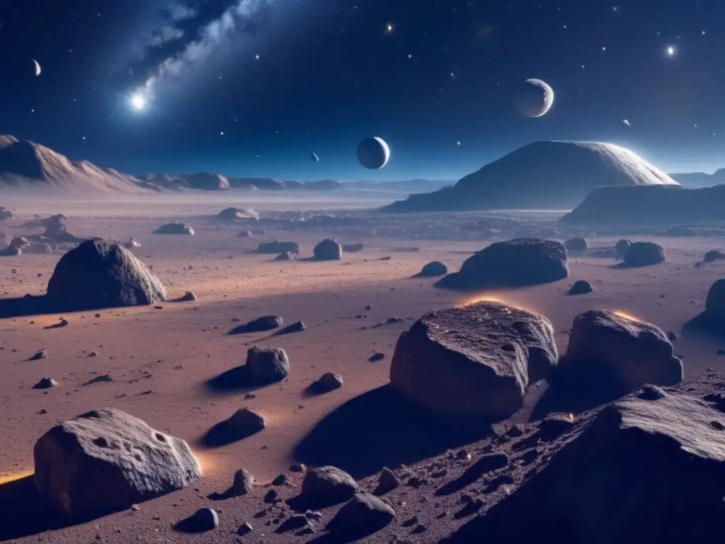 Tecnología de reciclaje espacial en asteroides: campo de asteroides ultradetallado de 8k, con nave espacial futurista y avanzada maquinaria