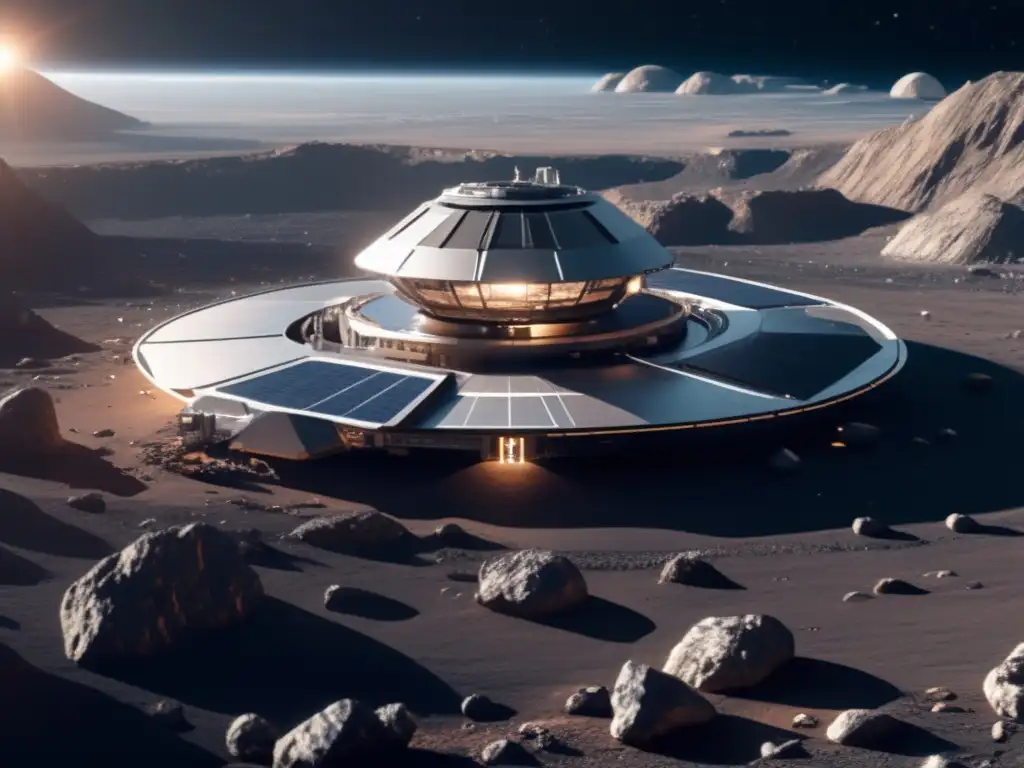 Tecnología de reciclaje espacial en asteroides: estación futurista en asteroide con astronautas y paneles solares