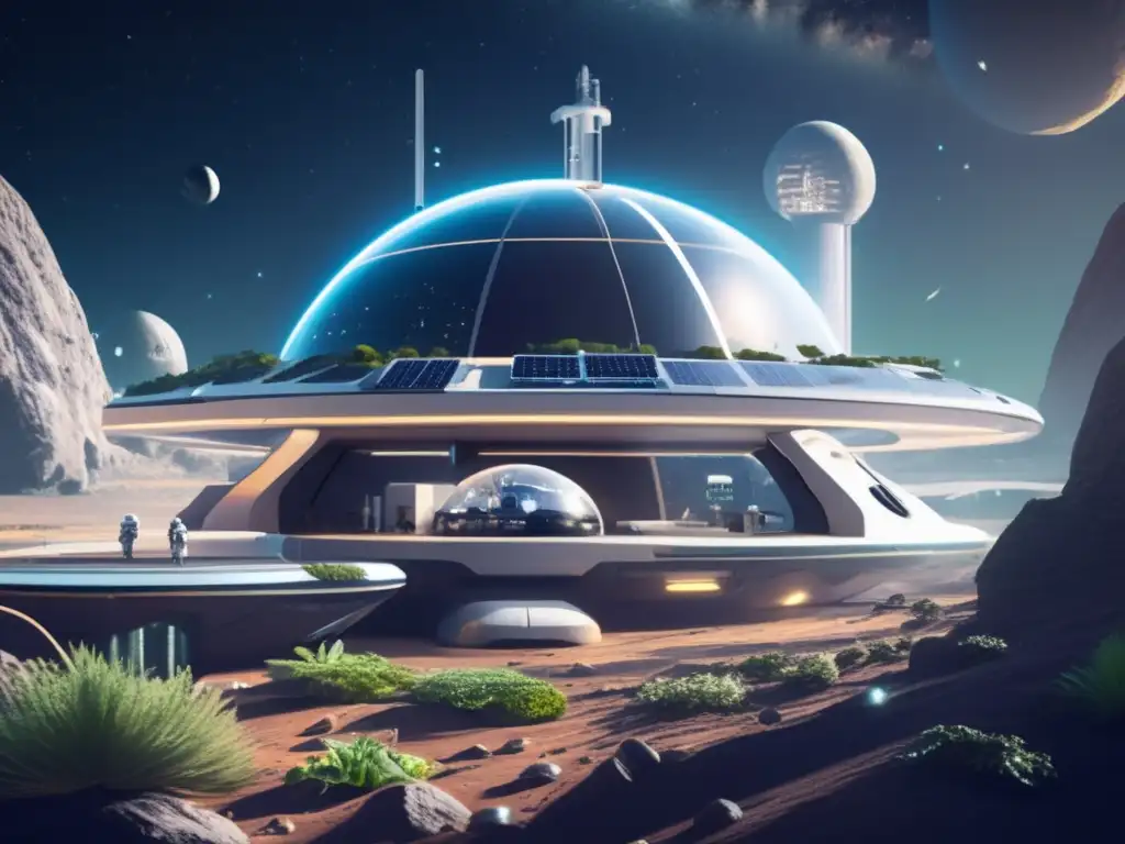Tecnología de reciclaje espacial en asteroides: estación espacial futurista y ecológica con astronautas y naturaleza