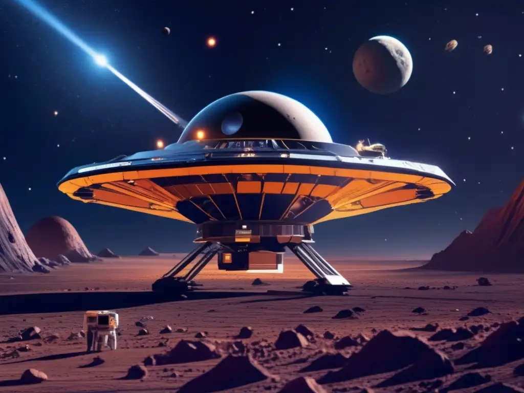 Tecnología sostenible con asteroides: imagen detallada de sonda espacial avanzada realizando extracción de recursos en asteroide