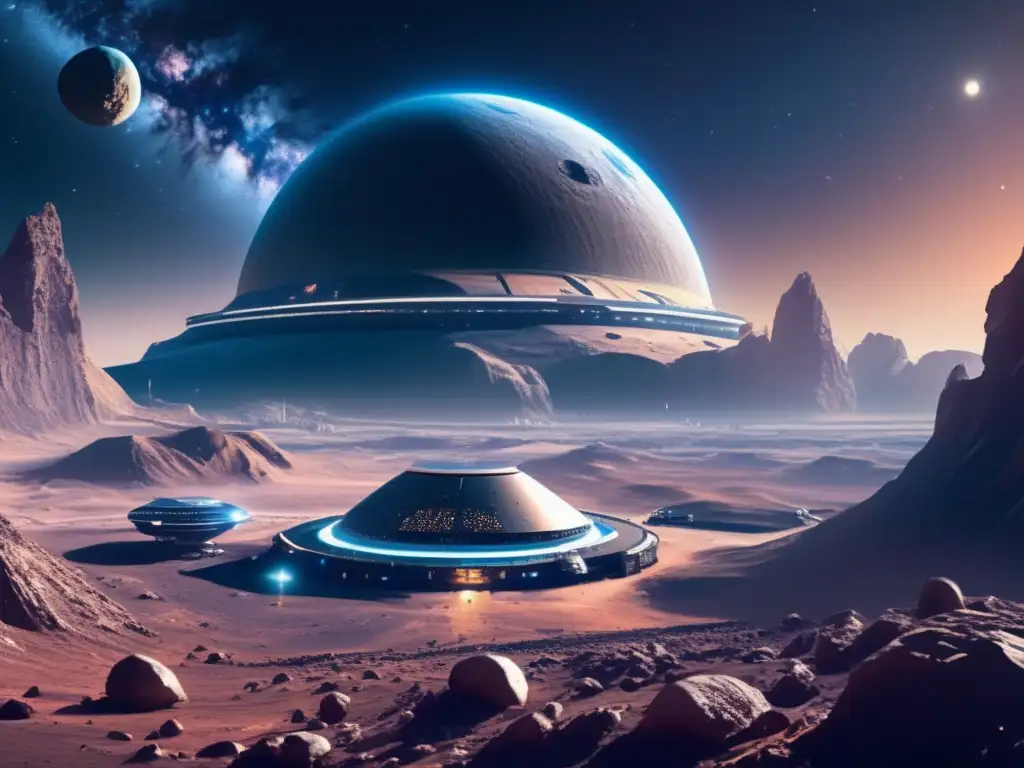 Colonia futurista en asteroide: tecnología avanzada en la minería espacial Tecnología vanguardia vida asteroides: colonia futurista en asteroide con estructuras hightech, minería robótica y vista cósmica
