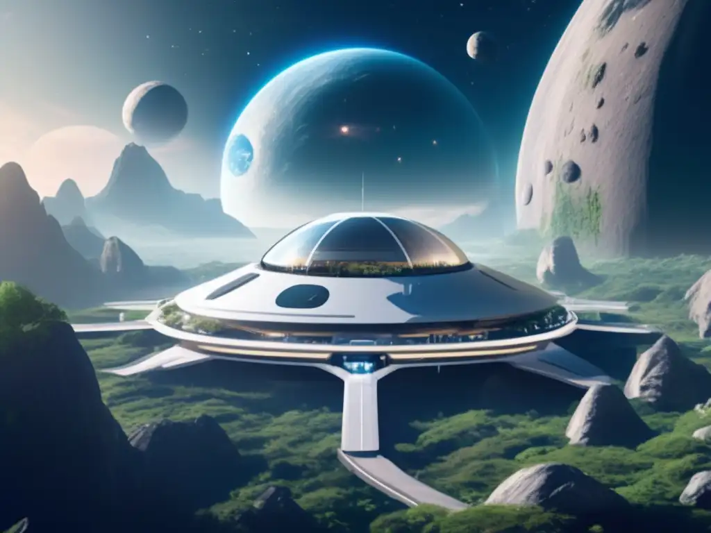 Estación espacial futurista en asteroide Tecnología vanguardia vida asteroides