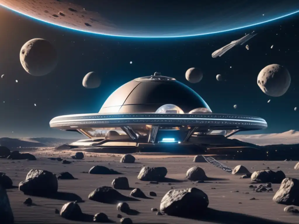 Estación espacial futurista en asteroides Tecnología vanguardia vida asteroides
