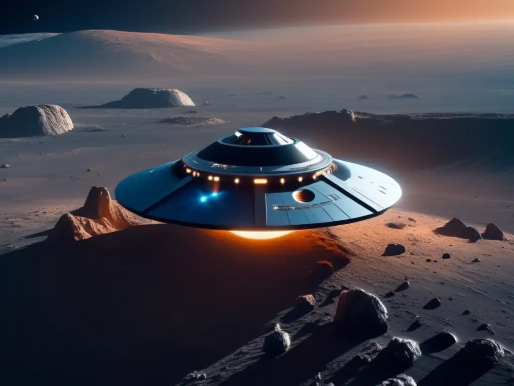 Tecnología de vehículos autónomos en exploración asteroides con una nave espacial futurista sobre un asteroide