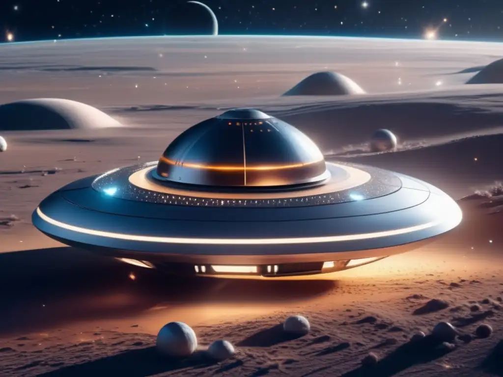 Tecnología de vehículos autónomos en exploración asteroides con una nave espacial futurista, científicos y un asteroide imponente