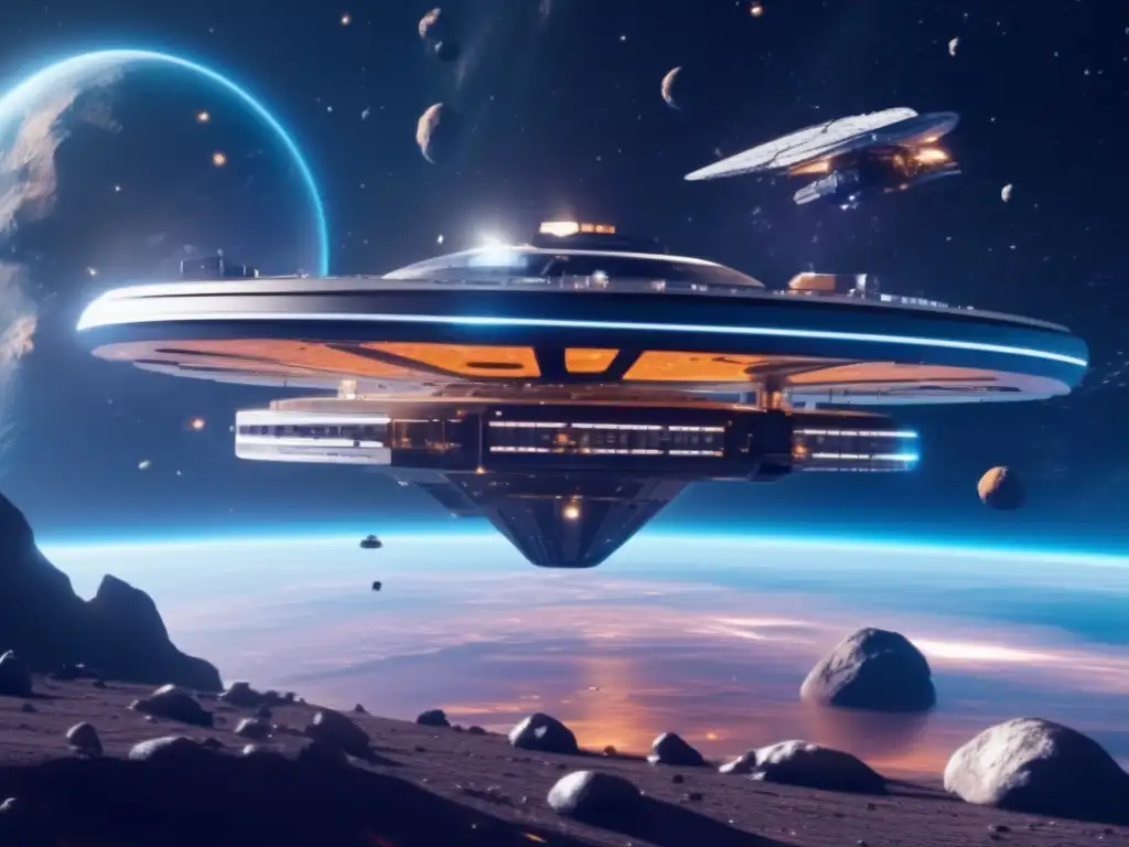Estación espacial futurista recolectando agua de asteroides Tecnologías para cosechar agua de asteroides en una estación espacial futurista rodeada de asteroides y estrellas