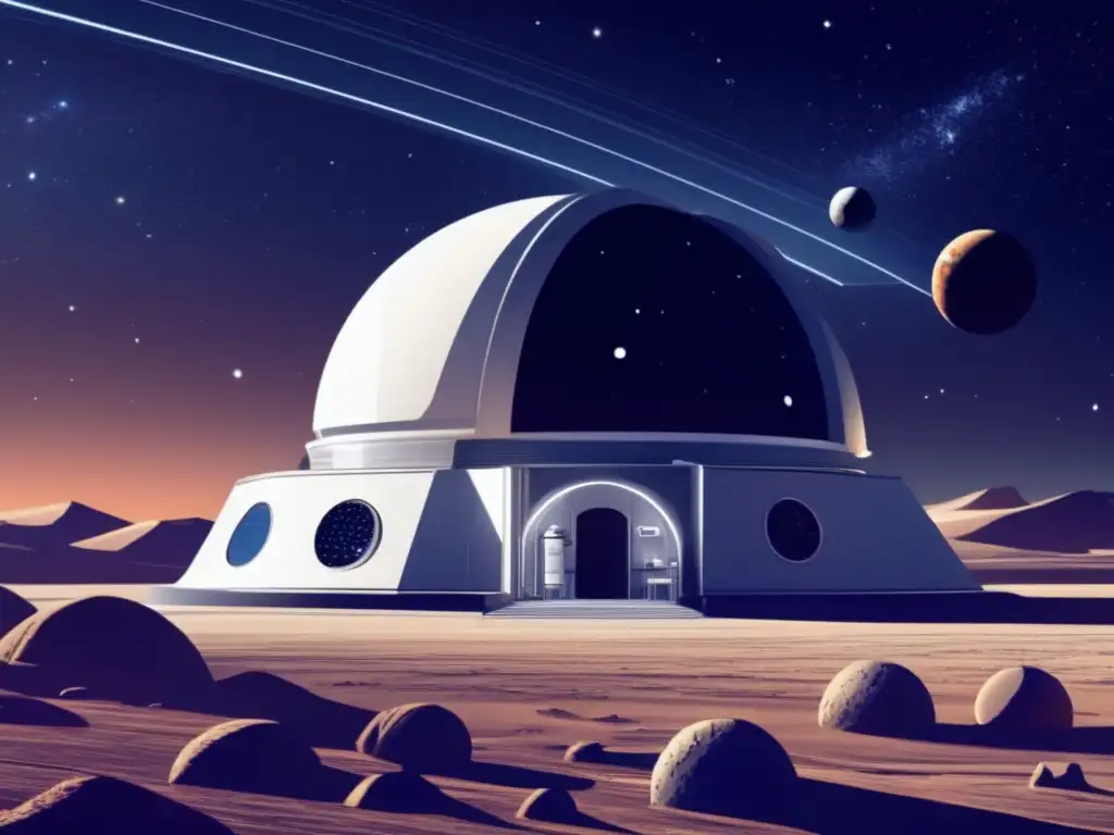 Observatorio espacial futurista Tecnologías avanzadas de desviación de asteroides en observatorio espacial futurista rodeado de estrellas y galaxias