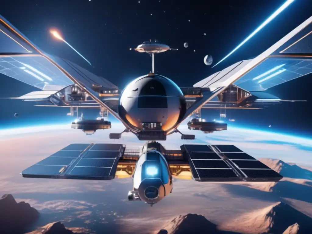 Estación espacial futurista y tecnología avanzada Tecnologías avanzadas de desviación de asteroides en una estación espacial futurista orbitando la Tierra