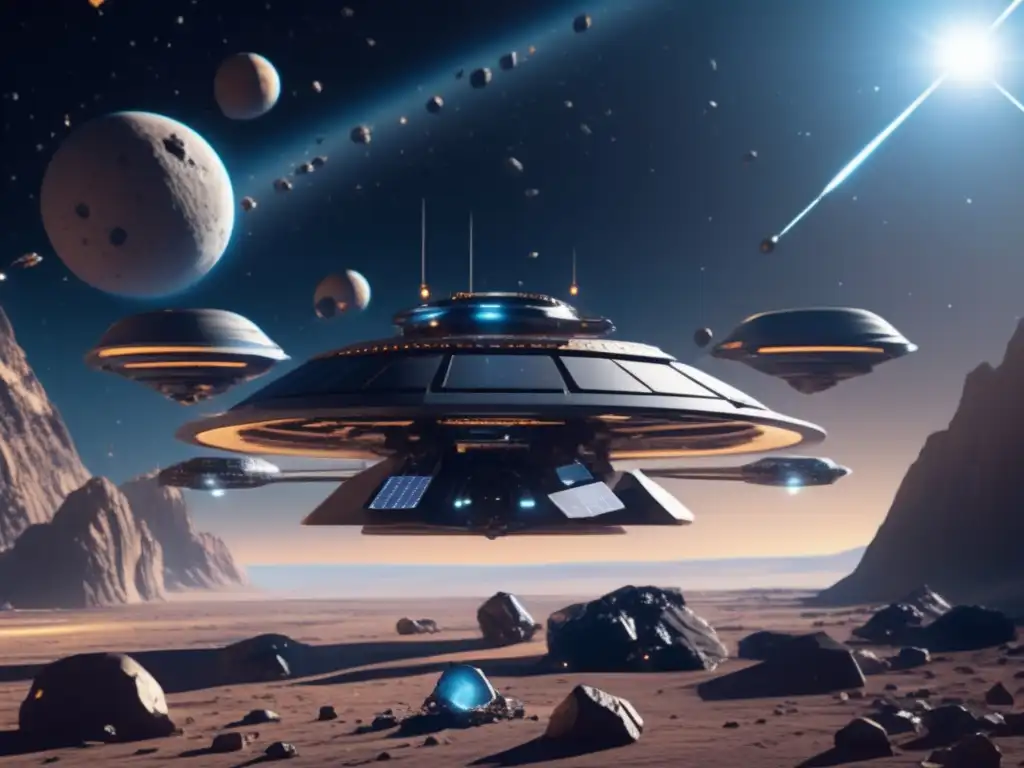 Estación espacial futurista y asteroides mineros Tecnologías de cosecha de agua de asteroides en estación espacial futurista rodeada de asteroides, con minas y astronautas