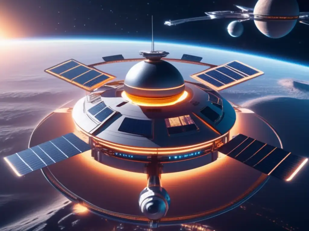 Tecnologías defensa planetaria asteroides: Estación espacial futurista protege la Tierra con láseres avanzados y barrera protectora