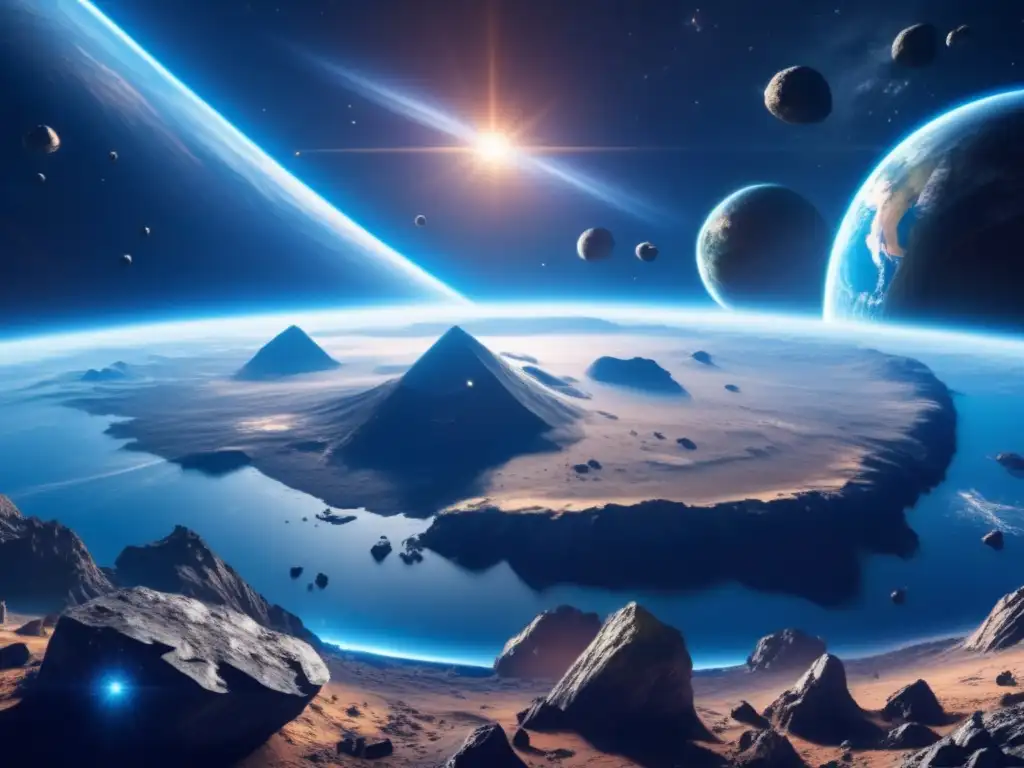 Tecnologías defensa planetaria asteroides: Vista impresionante 8k de la Tierra rodeada de asteroides y avanzados sistemas de defensa