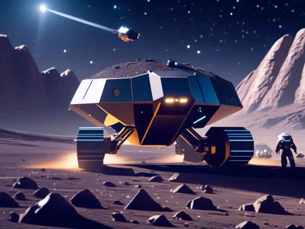 Minería espacial futurista en asteroide Tecnologías emergentes extracción minar asteroides: escena de minería espacial futurista en asteroide, con maquinaria robótica avanzada y recursos valiosos extraídos meticulosamente