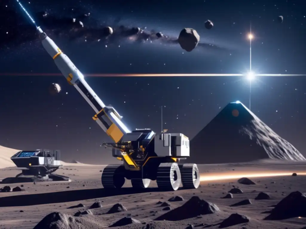 Futuro de la minería espacial Tecnologías emergentes extracción minar asteroides: Futurista operación minera en un asteroide con maquinaria avanzada y drones