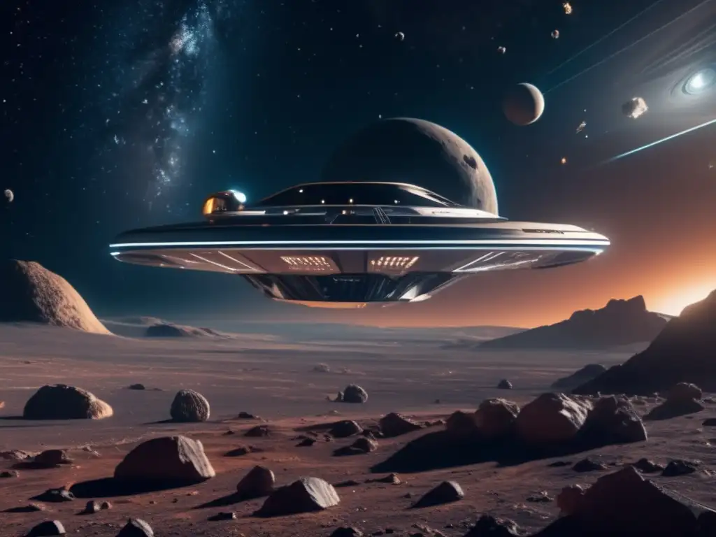 Exploración espacial: nave minera avanzada en asteroide Tecnologías emergentes extracción minar asteroides en imagen de exploración espacial futurista con nave espacial avanzada y asteroides