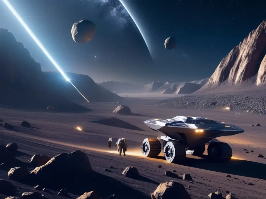 Tecnologías emergentes explotación asteroides: minado espacial futurista en asteroide con robots avanzados y operadores humanos supervisando