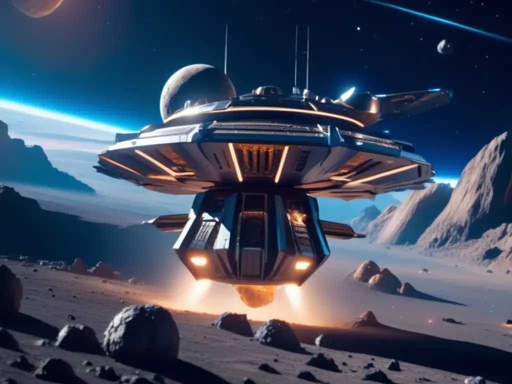Tecnologías emergentes explotación asteroides con nave espacial futurista, robotica avanzada y belleza cósmica