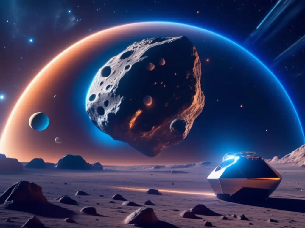 Espectacular sonda espacial explorando asteroide Tecnologías emergentes exploración asteroides en imagen de sonda espacial futurista frente a asteroide cósmico