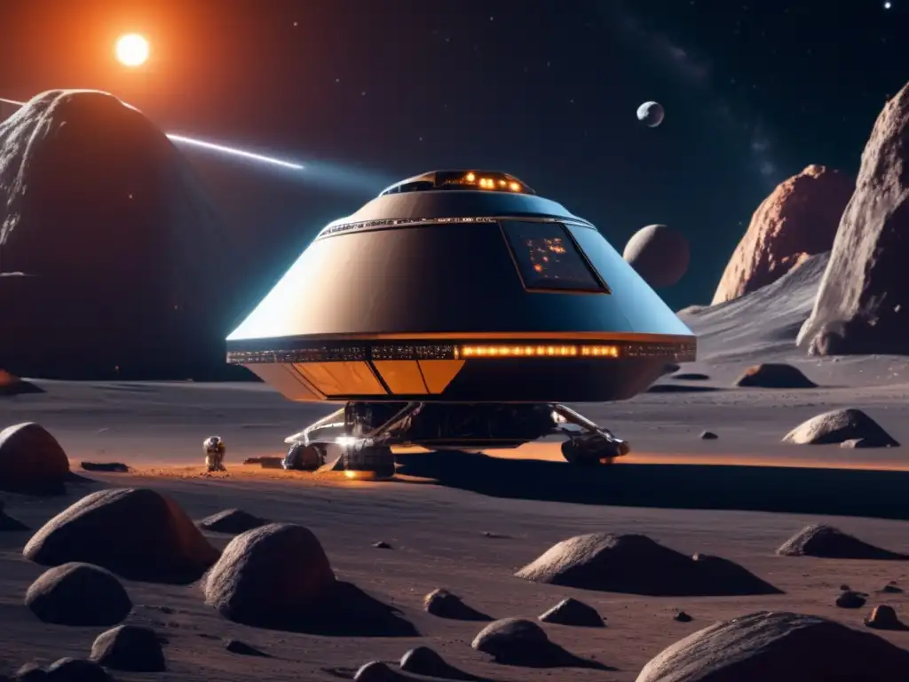 Futuro de la exploración de asteroides Tecnologías emergentes exploración asteroides: sonda espacial futurista en asteroide, científicos recolectando muestras y experimentando