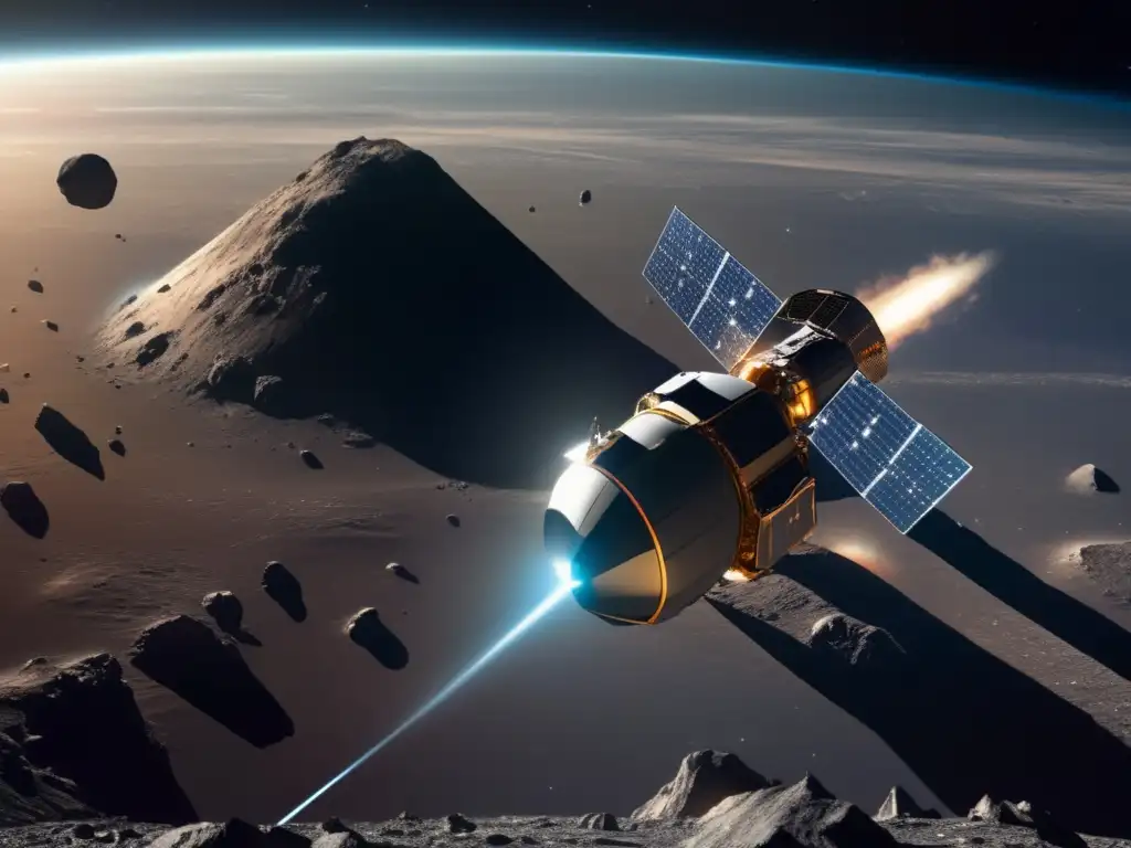 Exploración espacial: nave futurista y asteroide Tecnologías emergentes exploración asteroides: nave espacial futurista en el espacio, asteroides y la Tierra