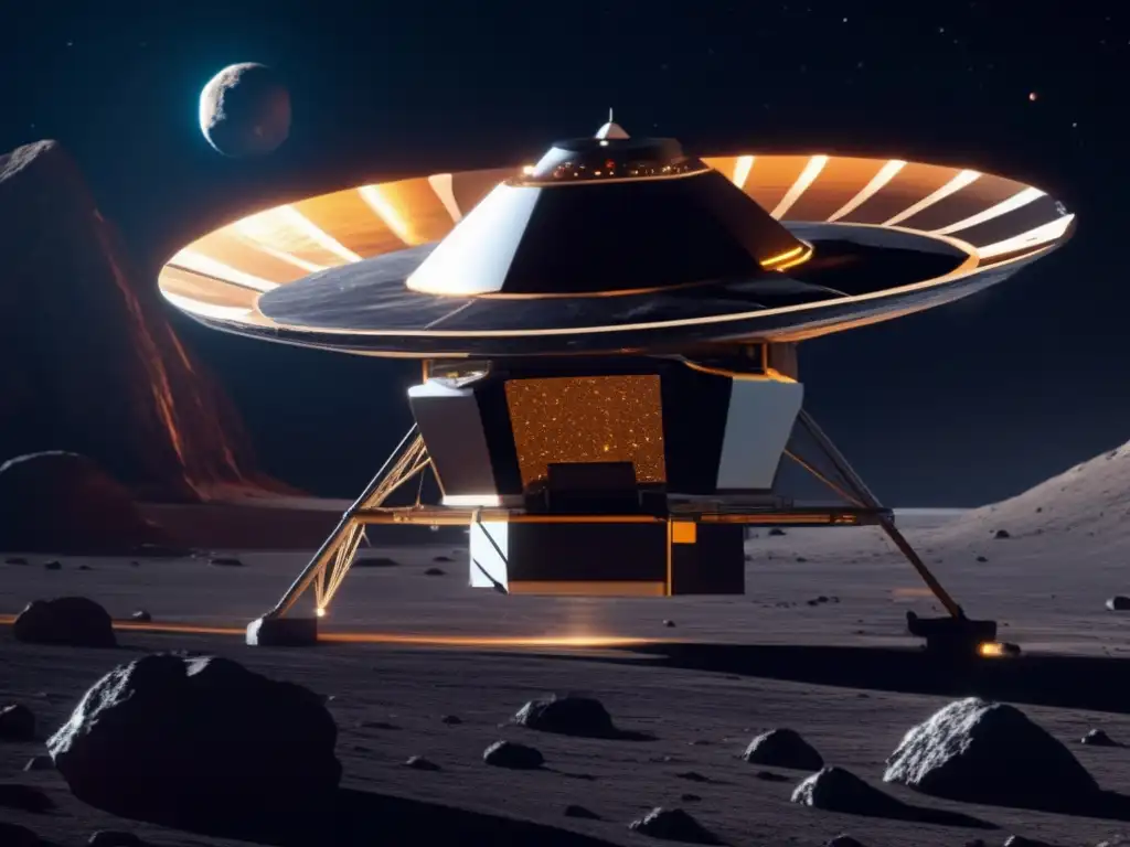 Tecnología avanzada de detección y seguimiento de asteroides Tecnologías emergentes exploración asteroides: Imagen ultradetallada de sonda espacial junto a asteroide, capturando datos y trayectoria
