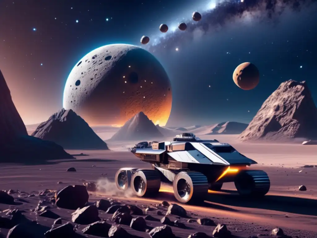 Futuro espacio minero en asteroide Tecnologías emergentes para cosechar metales de asteroides en un paisaje futurista de minería espacial