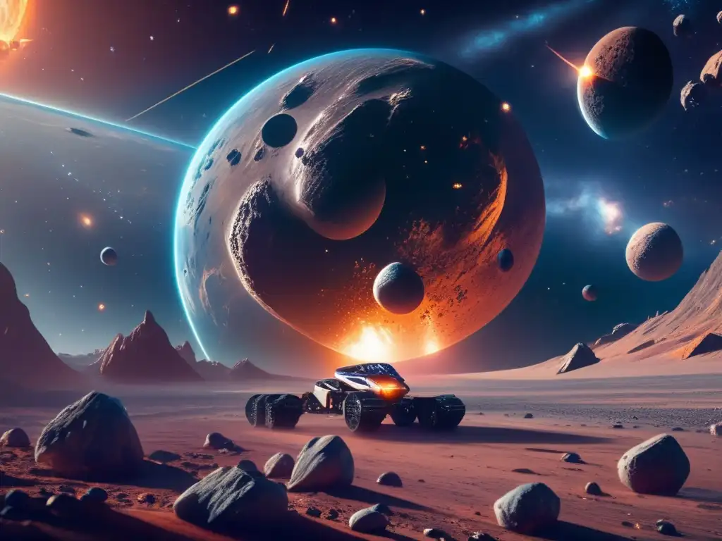 Futurista escena espacial: asteroides y drones mineros Tecnologías emergentes de extracción de metales de asteroides en el espacio