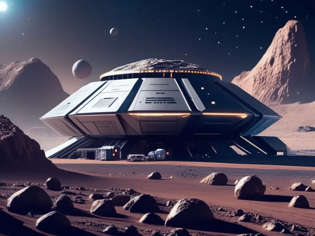 Futurista instalación minera en asteroide Tecnologías emergentes para cosechar metales de asteroides en una imagen de alta resolución que muestra una instalación minera futurista en un asteroide