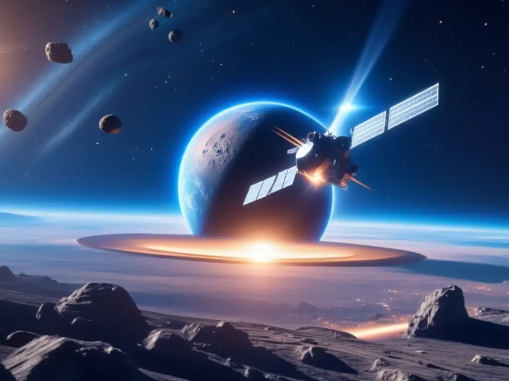 Estación espacial desviando asteroide - Tecnologías de mitigación de asteroides: Estación espacial futurista desvía asteroide hacia el espacio, protegiendo la Tierra
