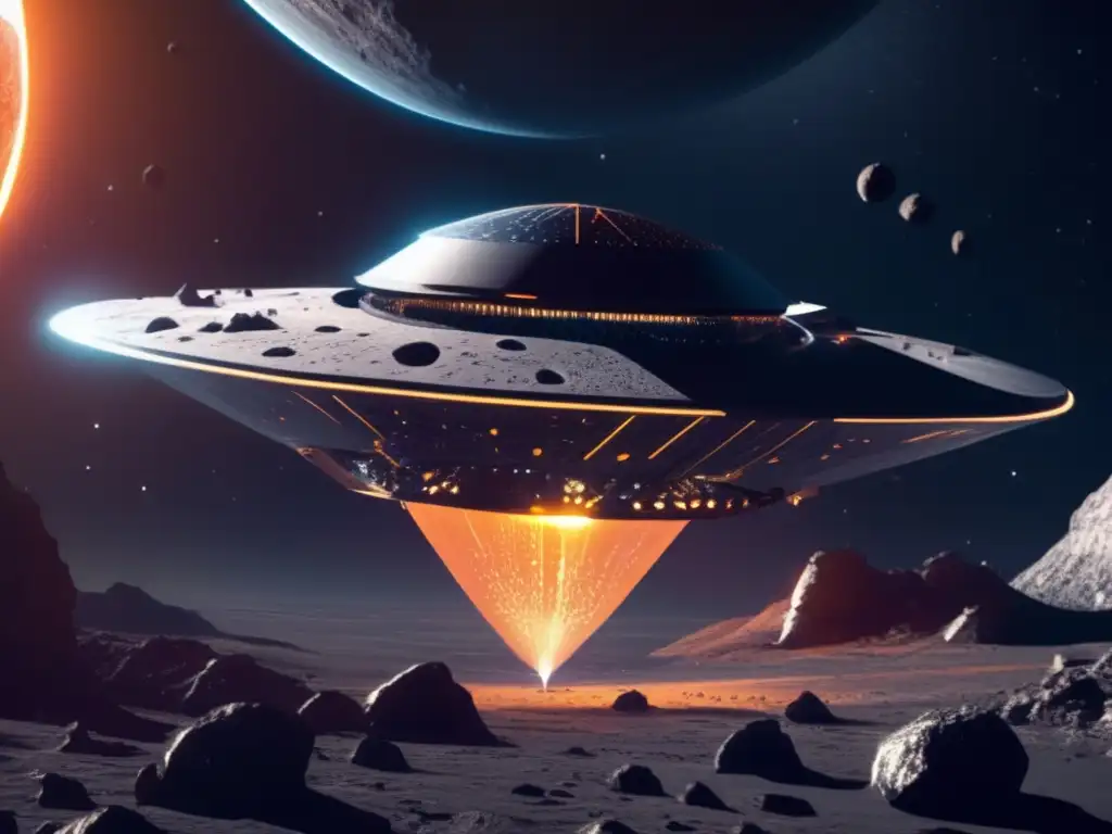 Futurista nave espacial en asteroide Tecnologías de exploración de asteroides: Nave espacial futurista sobre asteroide con drones recolectando datos
