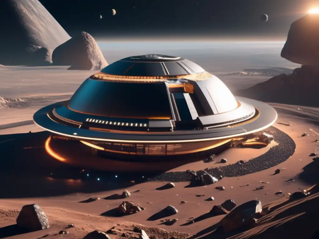 Estación espacial futurista en asteroide minero Tecnologías de exploración de asteroides en acción