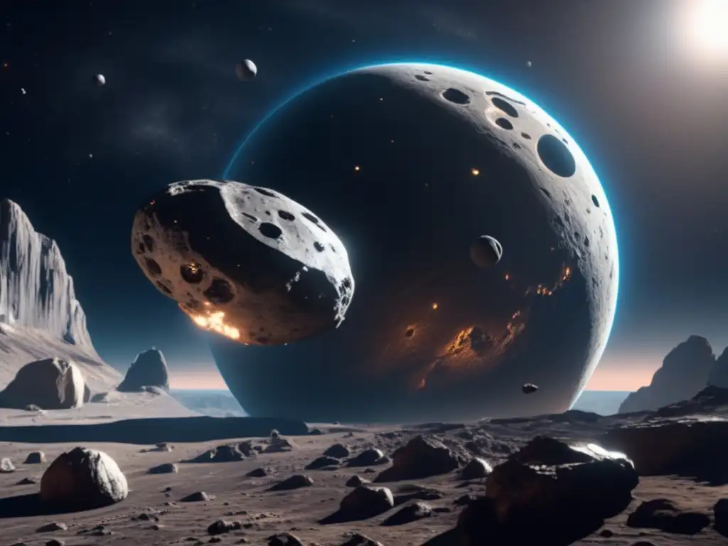Estación espacial futurista en asteroide Innovación tecnológica en explotación de asteroides: Estación espacial futurista orbitando asteroide 8k ultradetallado