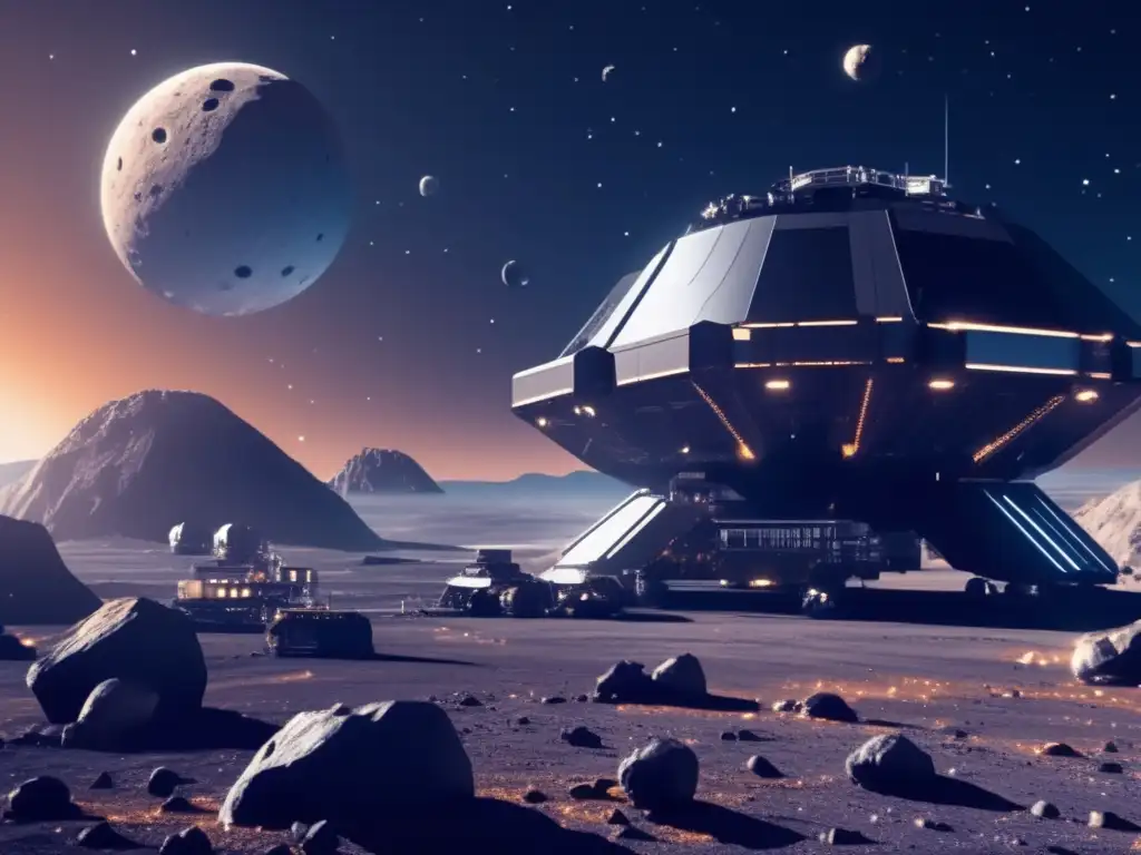 Futuro de la minería espacial Innovación tecnológica en explotación de asteroides: Futurista operación minera espacial con científicos y maquinaria avanzada