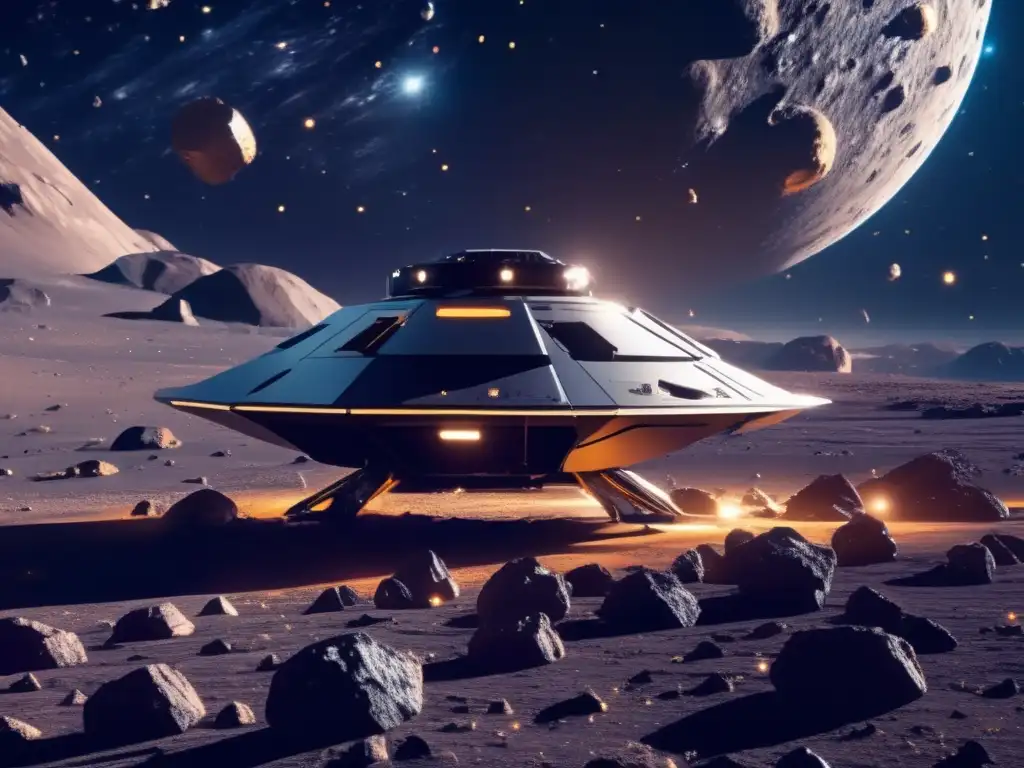 Explotación rentable de asteroides Innovación tecnológica en explotación de asteroides: imagen impactante de 8k que muestra el espacio con asteroides y una nave minera avanzada