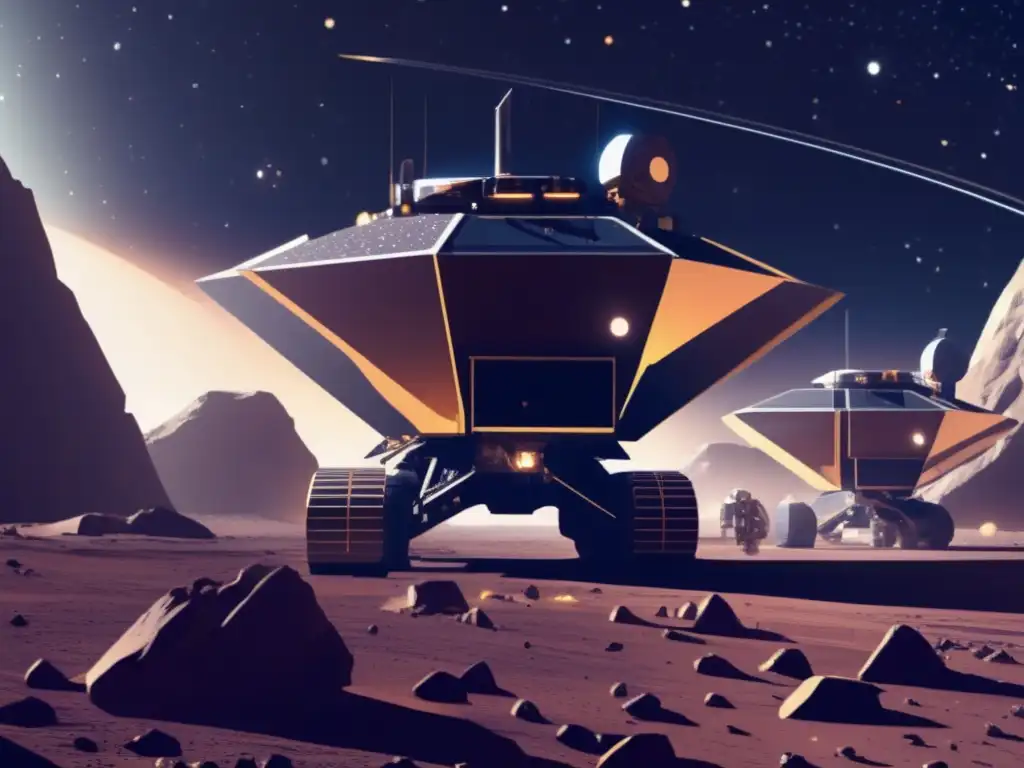 Futuro minero espacial Innovación tecnológica en explotación de asteroides con minas y maquinaria moderna en un paisaje estelar
