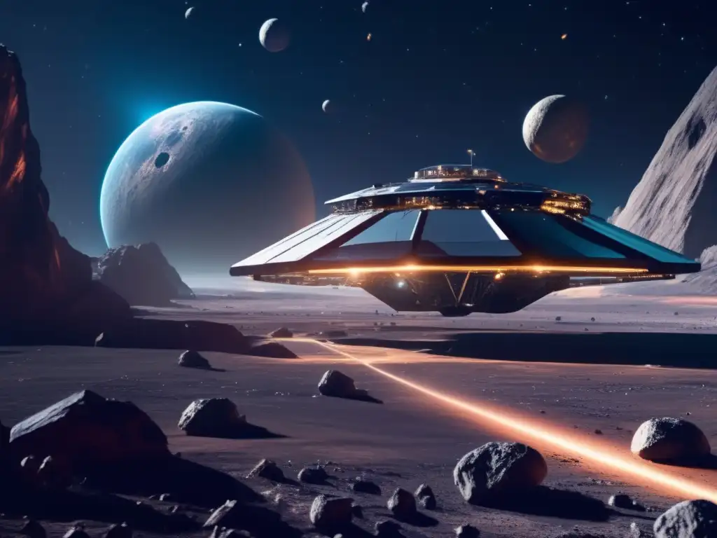 Explotación minera de asteroides: Futurista y colosal Innovación tecnológica en explotación de asteroides: Vista impresionante de una operación minera futurista en el espacio con estructuras metálicas flotantes y maquinaria avanzada
