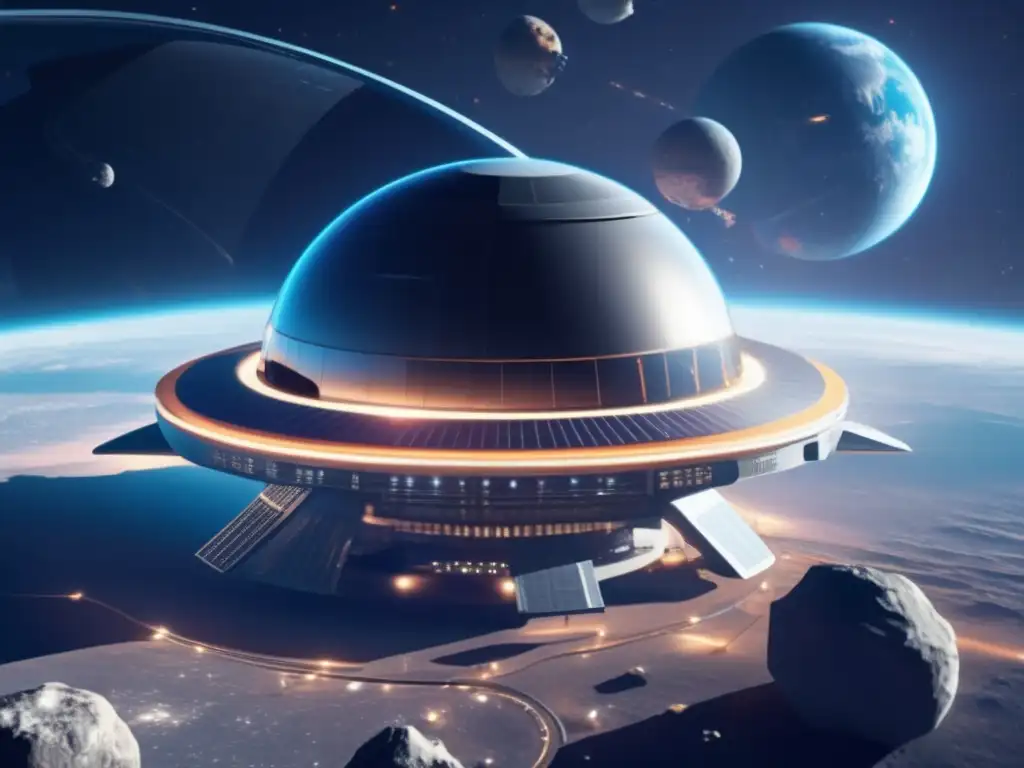 Innovación tecnológica en defensa planetaria: Estación espacial futurista detectando y rastreando asteroides