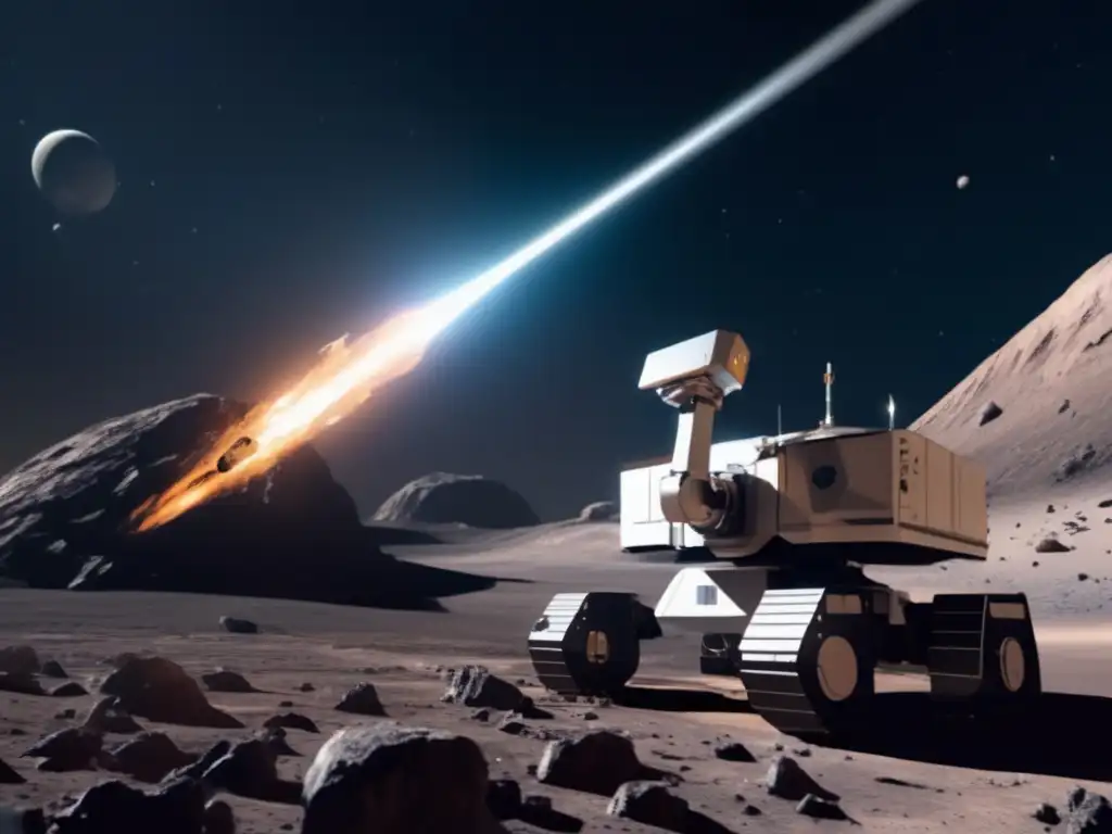 Robótica espacial en asteroide Telepresencia robótica en asteroide: brazo robótico avanzado interactuando con terreno rocoso en espacio