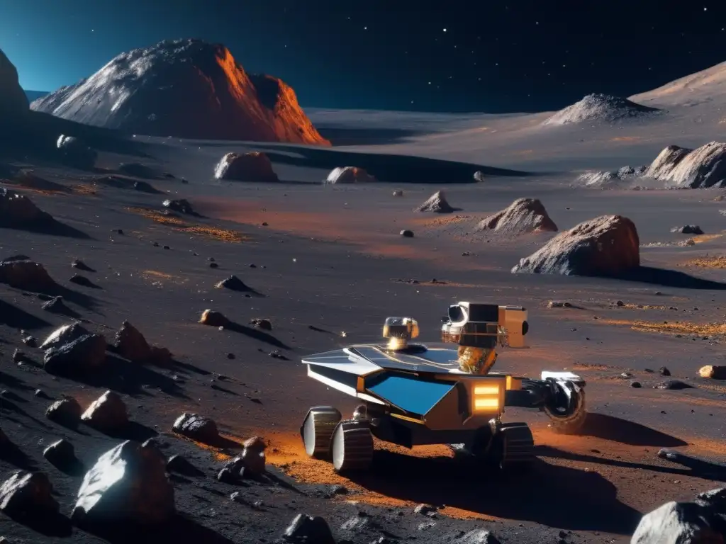 Increíble paisaje de asteroide con robot Telepresencia robótica en asteroides, asombrosa imagen 8k que muestra la belleza del cosmos y la tecnología avanzada