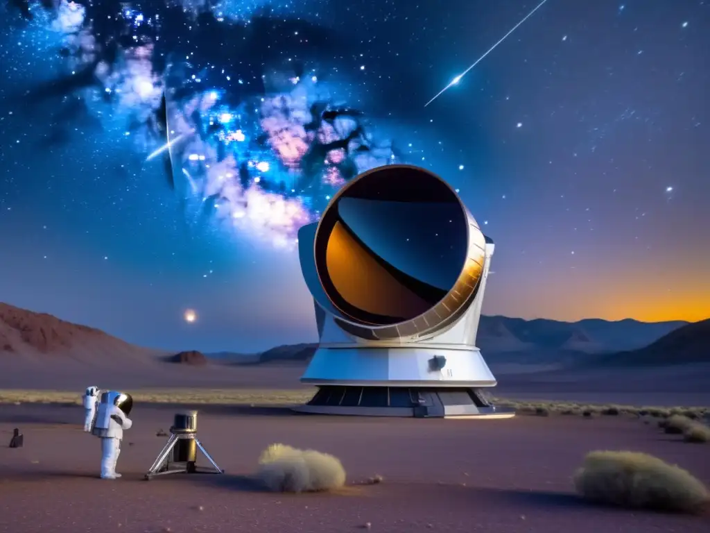 Telescopio espacial frente a asteroides Un telescopio espacial moderno vigila asteroides peligrosos en un cielo estrellado, resaltando su importancia