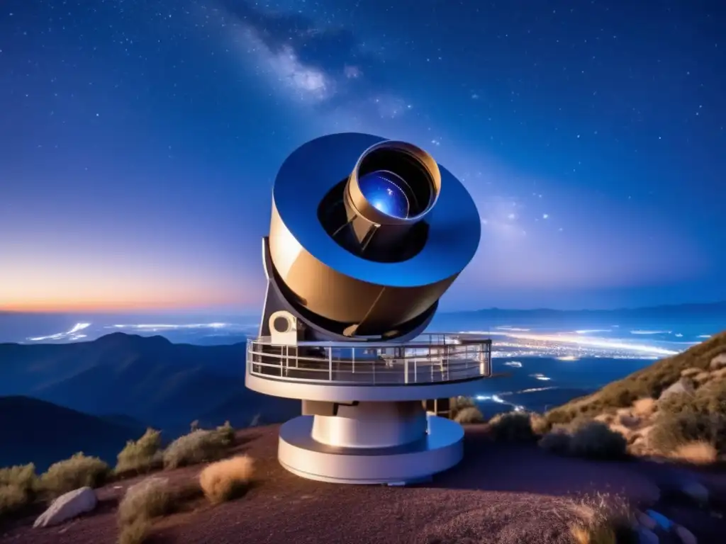 Majestuoso telescopio astronómico en la cima nocturna Telescopio moderno en la cima de una montaña, capturando la belleza del universo