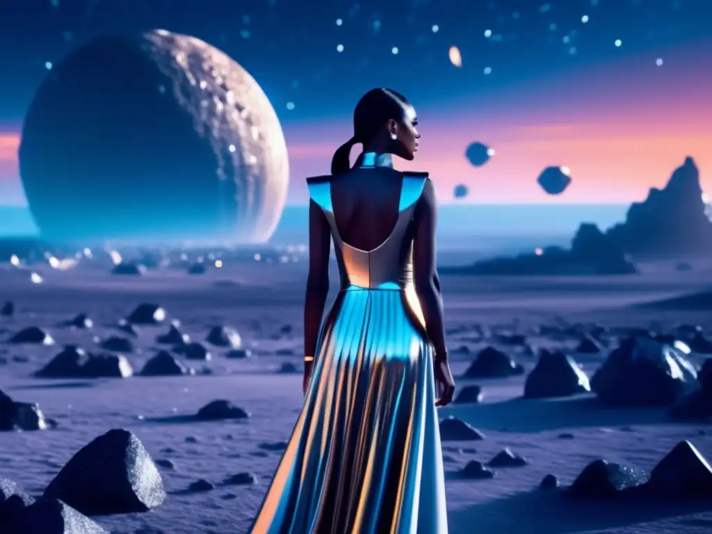 Tendencias de moda asteroides: pasarela futurista en campo de asteroides con modelos en atuendos vanguardistas inspirados en cuerpos celestiales
