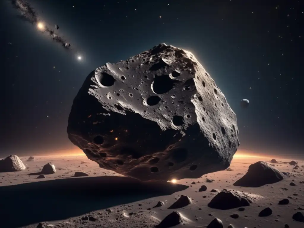 Asteroide negro flotando en el espacio Identificación asteroide tipo C flotando en el espacio: oscuro, rocoso, cráteres, sombras sutiles, estrellas distantes