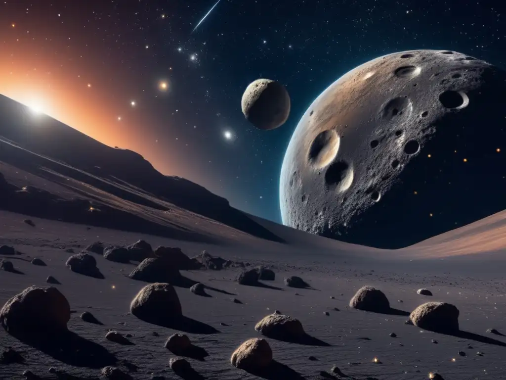 Impresionante imagen 8k de espacio con asteroide y cometa Conexión asteroides tipo D y cometas: imagen asombrosa 8k de espacio con asteroide prominente, cometa grácil y fondo estelar