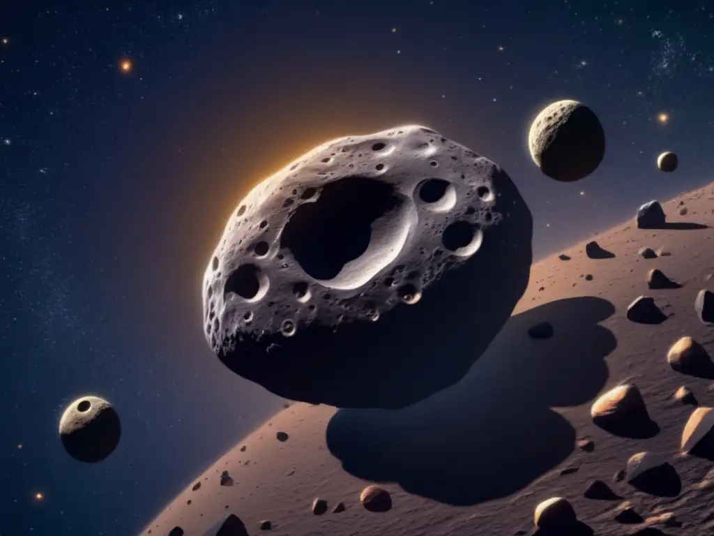 Asteroide oscuro y rocoso con cráteres y bultos Misión asteroides tipo C: imagen detallada de asteroide oscuro y rocoso, con cráteres, bultos y sombras
