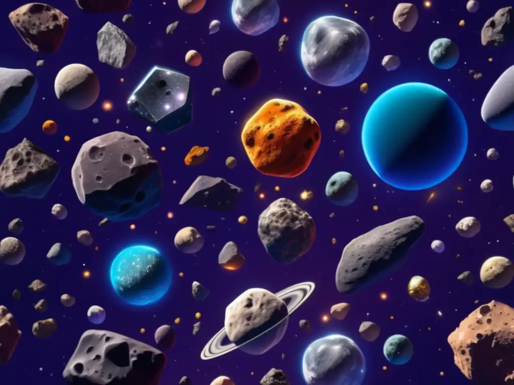 Diversidad de asteroides en 8k Tipos de asteroides identificados, detallados en imagen 8k con colores, formas y características únicas en un vasto espacio estelar