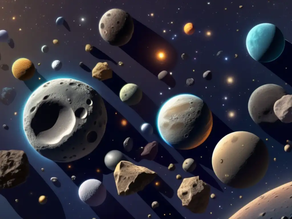 Variedad de asteroides en el cinturón Tipos de asteroides identificados: imagen detallada del cinturón de asteroides que muestra diversidad de formas, tamaños y composiciones celestiales