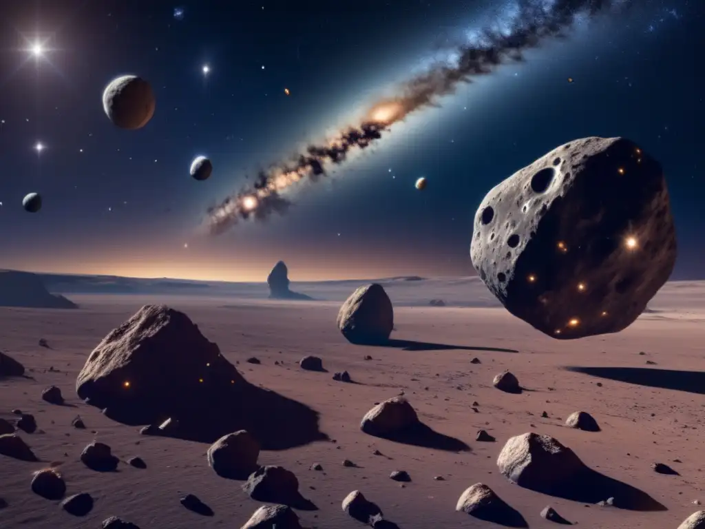 Impresionante imagen 8k del espacio con asteroides C, S y M Tipos asteroides en sistema solar: 8k imagen detallada muestra espacio con estrellas, galaxias y 3 asteroides: C oscuro, S liso y M rocoso y metálico