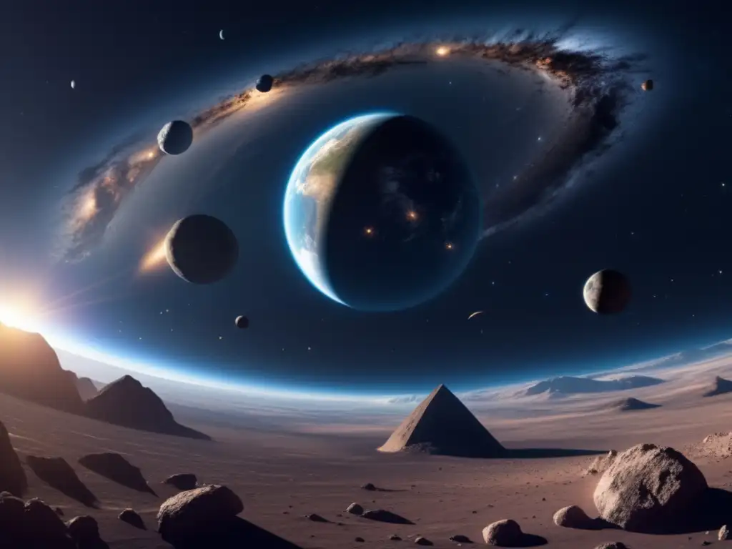 Detallada imagen 8k del espacio, con la Tierra y asteroides Tipos de asteroides en el sistema solar: imagen detallada de la Tierra rodeada de asteroides realistas y el espacio estelar